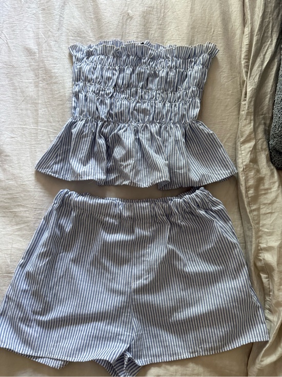 SHEIN Pants - SHEIN Blue and White Striped Smocked Tube Top & Shorts Set